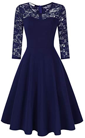 KOJOOIN Robe en dentelle florale pour femme - Col rond - Robe de cocktail vintage à manches longues 3/4, Bleu marine/01 Manches longues, S