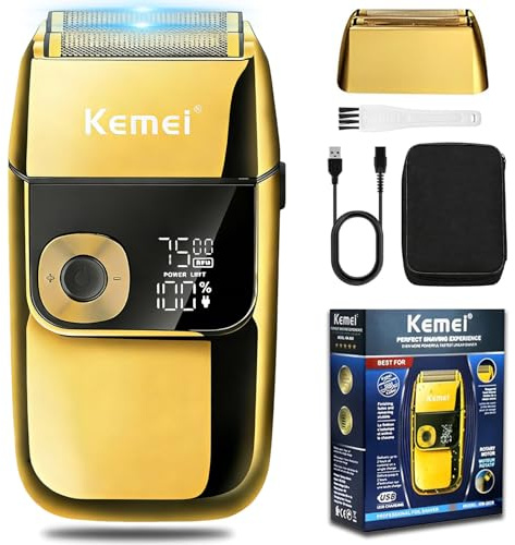 Kemei Rasoio elettrico da uomo, rasoio ricaricabile di precisione senza fili, lavabile, USB, con display a LED, in lamina di titanio al litio, con custodia da viaggio