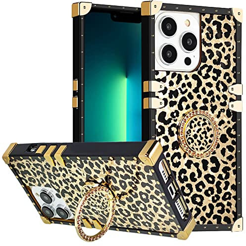 DMaos für iPhone 14 Pro Max Hülle mit Ring für Damen, Gold Wunderschöner Strass Bling Diamant Ständer, Premium für iPhone14 Pro Max 6,7'' - Leopard