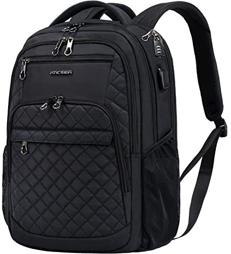 KROSER Laptop Rucksack 17,3'' Business Rucksack Schulrucksack Großer Wasserdicht Taschen Reise Backpack Daypack Mit USB und RFID-Taschen für Herren/College/Männer/Frauen Gestepptes Schwarz