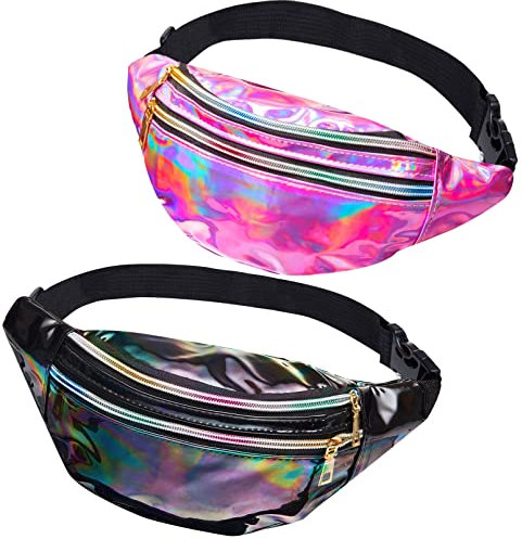 Tczecoo 2 Stück Bauchtasche Damen,3 Fächer Wasserdicht Gürteltasche,Bauchtasche Festival Glitzer,Gürteltasche Metallic,Bauchtasche Mode,Verstellbarer Gurt Hüfttasche (Schwarz+Rot)