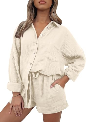 AUTOMET Abiti da 2 pezzi per le donne Lounge Sets pigiama a maniche lunghe button down camicie oversize e pantaloncini tuta autunnale, 01beige, S