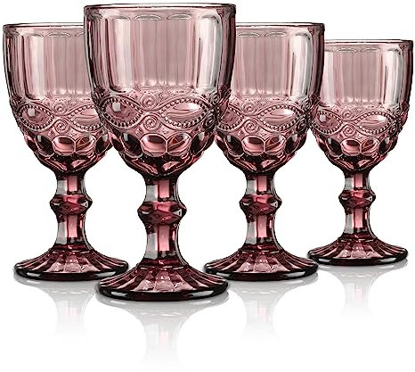 Joeyan Lila Vintage Weingläser mit Geprägtem Design,Farbiger Relief Rotweingläser Weißweingläser,Trinkglas,Kelchgläser,Weinkelch für Wein Saft Getränke,300 ml,Set von 4,Spülmaschinenfest