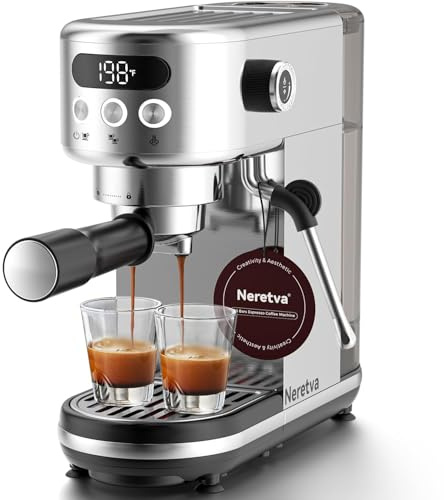 Neretva Espresso Machine 20 Bar, Super Compact Espresso Maker Stainless Steel Professional Coffee Machine Espresso with Power Steam & LED Display for Home Barista Latte and Cappuccino Maker-Silver
