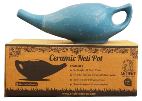 Ancient Impex Pot Neti en céramique 225 ml – Finition bleue mate | Fabriqué à la main, durable et passe au lave-vaisselle | Outil naturel de nettoyage nasal et de soulagement des sinus