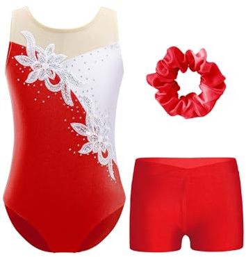 CHICTRY Kids Girls Sparkly Sleeveless Gymnastics Ballet Dance Leotard Figure Skating Bodysuit with Shorts Hair Scrunchies Red 6 Years