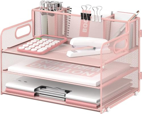 SUPTIDY Organisateur de bureau à 3 étages avec poignée et 3 porte-stylos - Organiseur de papier en maille pour fournitures de bureau - Rose
