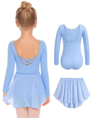 Arshiner Kinder Ballettkleidung Ballettkleid Langarm Ballettanzug Kinder Baumwolle Tanzkleid Rückenfrei Ballett Trikot mit Tütü Tanztrikot Kleinkind Ballerina Kleid Blau 150 7-8 Jahre