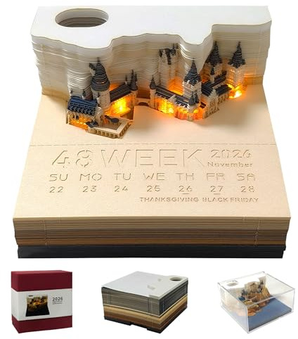 Time Piece Calendar 2026-2026 Desk Calendar With LED Light - 3D Calendar Paper Carving Art Memo Pad Notepad for Christmas Housewarming Desktop Decoration