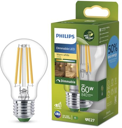 PHILIPS LED Light Bulb Classic, UltraEfficient, 60W, 840Lm, A60, E27 2700K, Clear Glass, dimmable