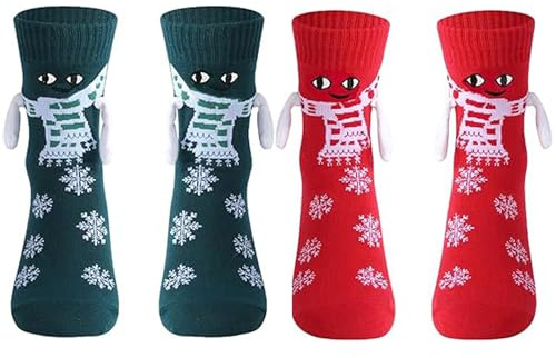 FORDJA Chaussettes de noël magnétique amusantes, chaussettes de couple se tenant la main, broderie poupée couple chaussettes, unisexe socks