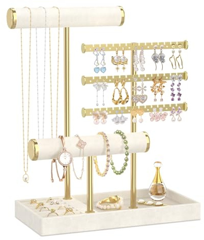 EsLuker.ly Bracelet Holder Earring Display Stand, T Bar Velvet Necklace Organizer Rack with Ring Tray for Vendors Women Selling, Large Capacity Jewelry Tower Tree Tabletop, Effortless Storage