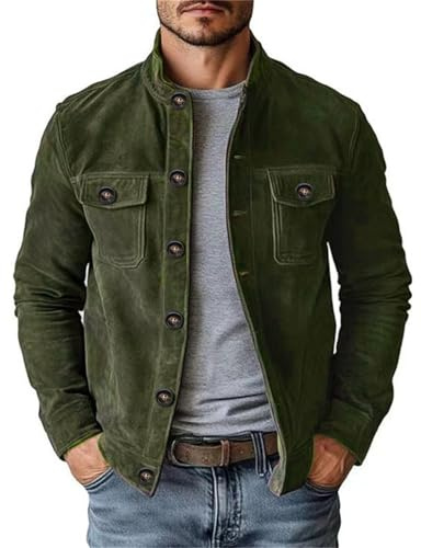 Chaqueta vintage de ante para hombre, cuello alto, para otoño e invierno, gruesa y cálida, Ejercito Verde, XL
