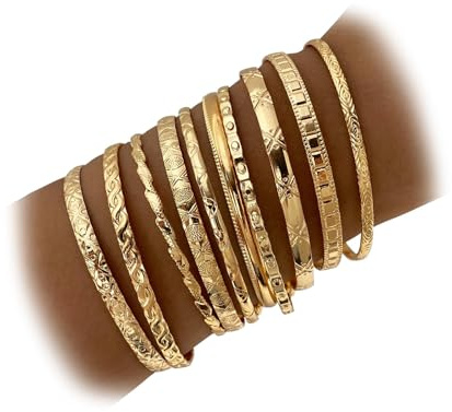 Pulsera de Oro Brazalete Conjunto, 10 PCS Pulsera de Oro para Mujer, 14 Quilates, Apilable Bracciali Rigidi Donna, Estilo Indio, para Vacaciones y Vida Cotidiana (B)
