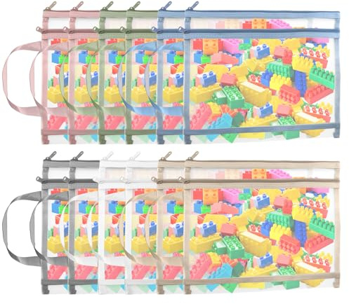 Yeria 12 Pack A4 Standard Size Mesh Storage Bags, Double-Layer Breathable Organizer with Handles, 6 Soothing Colors for Building Block Sets, Puzzle & Toy Storage, Travel Pouches