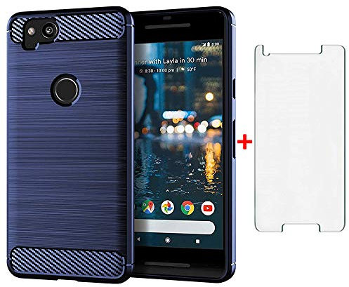 Phone Case for Google Pixel 2 and Tempered Glass Screen Protector Film Cover with Mobile Bumper Accessories Slim Thin Shockproof Soft Silicone Rubber Rugged TPU Pixel2 Pixle 2 Two G011A Girls Men Blue