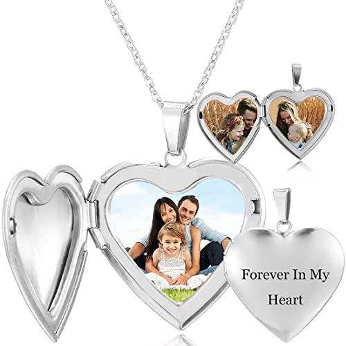 RWQIAN Médaillon Personnalisé Photo Collier Femme Pendentif,Coeur d'amour Poli Contient Images Dans Médaillons Polis en Acier Inoxydable Gravé Tout Texte Symboles Cadeaux Personnalisés Pour Les Filles