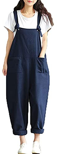 YILEEGOO Cotton Linen Dungarees for Women, Ladies Casual Overalls Baggy Wide Leg Pants Jumpsuit Playsuit (Navy Blue#3, 3XL)