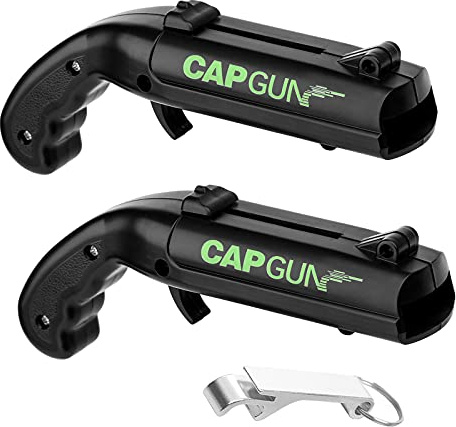 Fishing Fun Kepspistol flasköppnare 2 förpackningar ölöppnare flaska rolig flasklock pistol skjutpistol avfyrare öppnare öllockspistol för hem bar fest juldryck (svart)