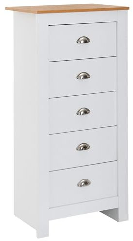 Wohnling Sideboard mit 5 Schubladen 53x114x39 cm Kommode Weiß/Eiche Modern, Design Anrichte Hoch Schmal, Schubladenkommode Wohnzimmer