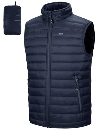 33,000ft Herren Packbare Steppweste Outdoor Gefütterte Hybrid Sportwesten mit Stehkragen Outdoorwesten mit 5 Taschen Übergangswesten für Männer Laufen Golf Wandern Reiten, Dunkelblau L