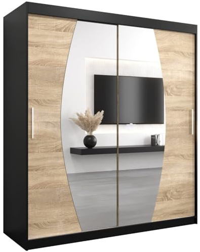 ABIKSMEBLE Armoire avec Porte Coulissante Miroir Elypse - Dressing Chambre Adulte - Penderie Vetement avec 2 Portes - Placard