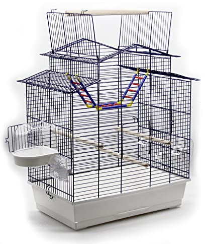 Großer XXL Vogelkäfig für Wellensittiche Kanarien Freisitz Gratis Badehaus Leiter und viel Zubehör (blau Weiss)