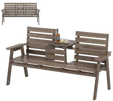 GIANTEX Gartenbank mit Tisch, Massive Holzbank mit klappbarem Mitteltisch, Sitzbank Bank 3 Sitzer, Parkbank ergonomisch mit Rücken- & Armlehnen, Garten Balkonbank Terrassenbank bis 320 kg belastbar