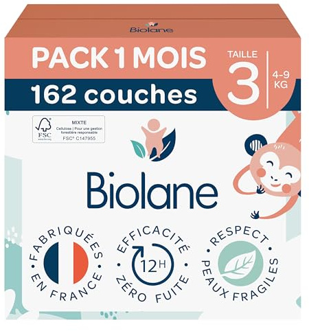 BIOLANE - Couches bébé taille 3 - (4-9 kg) - Peaux Sensibles - Ultra-Absorbant, Pas de Fuite, jusqu'à 12h au Sec - Confort & Protection - Pack 1 mois 162 couches - Fabriqué en France