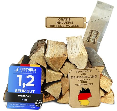 HVR 30 KG Brennholz 100% Buchenholz mit gratis 18 Stück Anzündwolle - Trockenes, naturbelassenes Kaminholz - Scheitlänge 33 cm - Restfeuchte unter 15% - Made in Germany