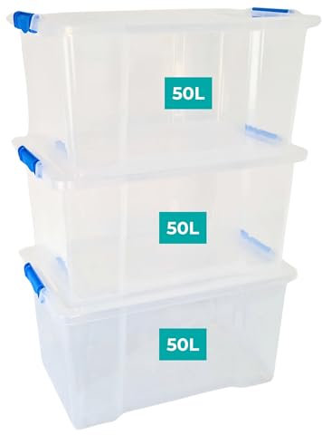 Klass Home Collection 3 x 50 Litre Storage Boxes with Lids Set of 3, Clip-Lock Lid, Sturdy 50L Clear Stackable Plastic Storage Box With Lid Containers For Home, Kitchen, Moving, Garage & Office