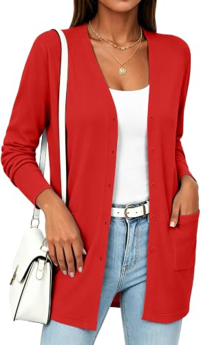 YUNDAI Womens Long Knit Cardigan Open Front Button Sweater with Pockets | Lightweight knitted cardigan, long sleeve design, open front style, soft solid color, ideal for daily wear and layering