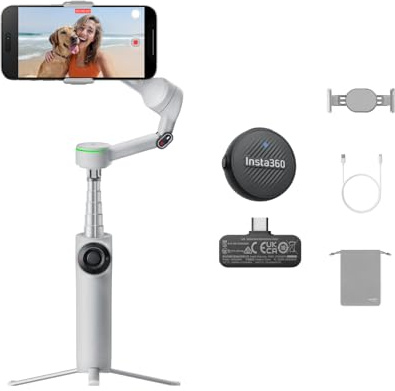 Insta360 Flow 2 Pro Pack Microfono Grigio-Gimbal per smartphone AI, Stabilizzazione a 3 Assi, Apple DockKit, Microfono Air, Tracciamento gruppo e panoramica 360°, Treppiede/Selfie Stick Integrati