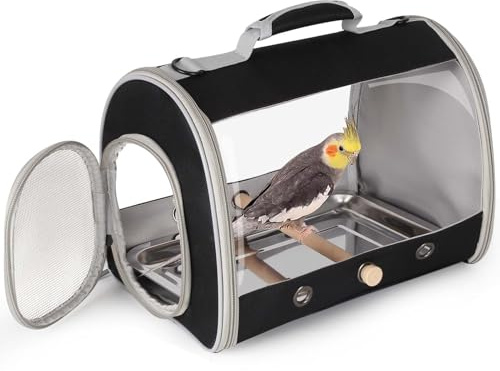 Bird Carrier, Portable Small Bird Parrot Parakeet Carrier with Standing Perch and Stainless Steel Tray, Side Access Window Collapsible (Black, Cylinder Design - Clear)