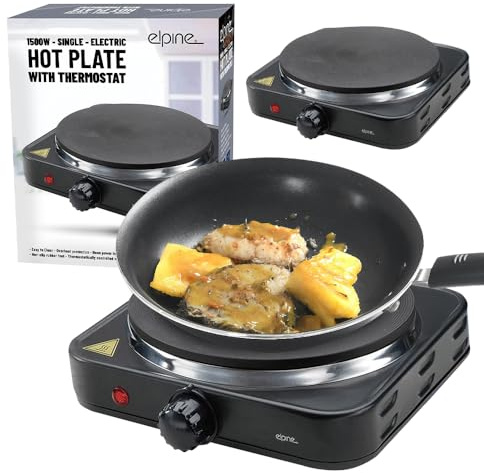Electric Hot Plates - With Thermostat, Table Top Portable Hob Plate | Ideal For Camping, Caravans, Travelling | Overheat Protection, Non-Slip Rubber Feet, Single & Double (Single Black Hotplate)