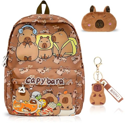 Capybara Backpack, Capybara Accessories Set, Kids School Bag Set, 3 piece Set with Brown Backpack, PVC Keychain, Plush Pencil Case, for Kids Teens Adults, Daily Commute School Cute Animal Themed Gift