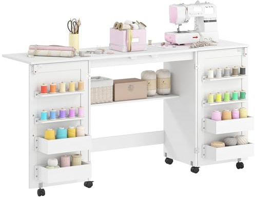 HOMCOM Table de Couture Pliante, Meuble Couture à roulettes avec 2 Portes Magnétiques, 4 Bacs, 20 Crochets et Étagère de Rangement, Meuble Machine à Coudre pour Salon, Bureau, Studio, Blanc