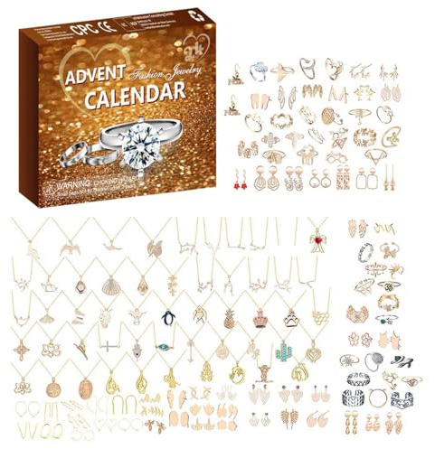 Smycken adventskalender 2024, 24 dagar nedräkningskalender för kvinnor jul, mode smycken set ring halsband örhängen 24 delar set, jul överraskningsgåva till fru dotter mamma vuxna flickor (brun)