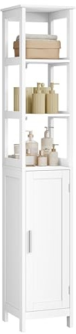 EUGAD Mueble de Baño, Armario Columna con Estantes Abiertos, Estanteria de Almacenaje, 30x30x163 cm, Mueble Auxiliar Estrecho para Baño, Sala de Estar, Estudio y Oficina, Blanco, 002WDG
