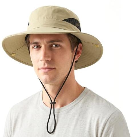 Wide Brim Sun Hats for Men, UV Outdoor Packable Bucket Hats Men Boonie Hat, Mens Sun Hat for Side Press Studs Air Vents, Safari Hat for Men Fishing Hiking Beach, Birthday Mens Gifts (Khaki)