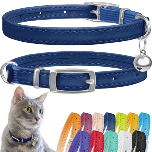 CollarDirect Leather Cat Collar, Cat Safety Collar with Elastic Strap, Kitten Collar for Cat with Bell Black Blue Red Orange Lime Green (Neck Fit 9-11, Navy Blue)