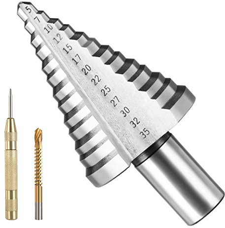 flintronic Step Drill Bit 5mm-35mm, with 1 Automatic Center Punch& 1 Twist Drill Bit, HSS Titanium Coated Double Slot Cone Cutting Drill
