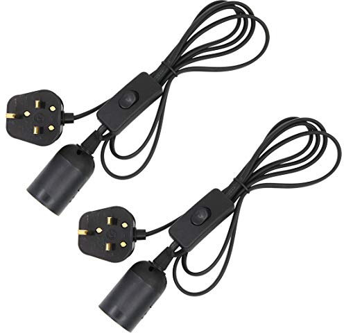2 Pack E27 Lamp Holder Socket,Pendant Light Ceiling Lighting Suspended Hanging Light Fitting Cable Plug with On/Off Switch-UK Plug for Ceiling Lamps Table Floor Lights (Black)