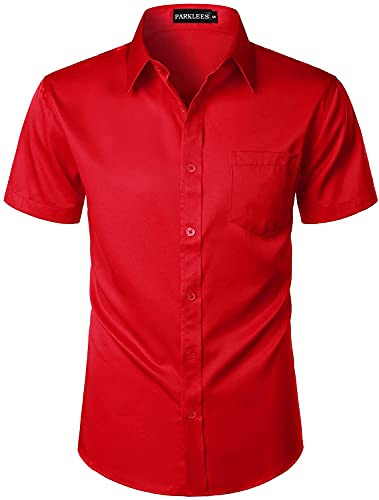 PARKLEES Camicia da uomo casual urbana elegante slim fit a maniche corte con bottoni e tasca, Rosso, S