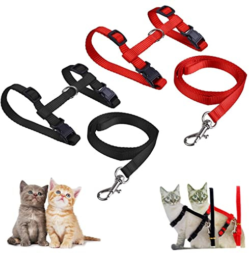 Morices 2 Pack Cat Harness and Leash, Adjustable Comfortable Nylon Pet Strap Collar with Leash, Escape Proof Safety Rope Leads Chest Strap for Kitten Puppy Rabbits Walking Training (Black & Red)