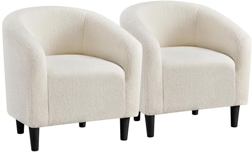 Yaheetech Furry Tub Chair, Fuzzy Accent Armchair Sherpa Fabric Club Chair Boucle Barrel Chair Upholstered for Living Room Dining Room Office Reception Cafe Bar, Ivory, 2pcs