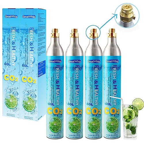 GreatWhip Co2 Cylinder for Sparkling Water Machine 60 litre Co2 Gas Cylinder Compatible with Most Fizzy Drinks Machine (4 cylinders)