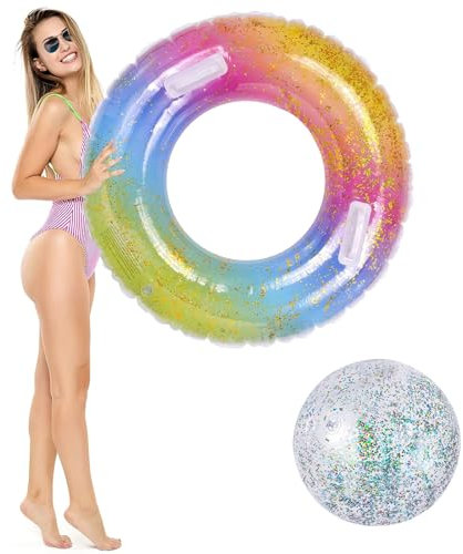 OdiuK Schwimmring Erwachsene Aufblasbare Pailletten Schwimmreifen Mit Griff, Sommer Groß Schwimmenring&Wasserball Dauerhafter Floating Ring, Luftmatratze Ring für Schwimmbad Strand Partys 90CM+40CM