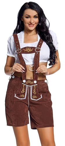 Pantaloni da donna neri per costume tradizionale bavarese, in pelle, al ginocchio, da donna, con bretelle per feste d'Oktoberfest ed eventi, salopette corte, marrone, L