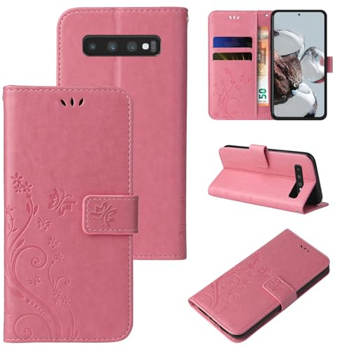 LBH Handy Hülle für Samsung Galaxy S10+ Case Handytasche Schmetterling Blumen Flower Standfunktion Schutzhülle Magnet Rundum Schutz 360 Grad Flipcase Cover Rosegold